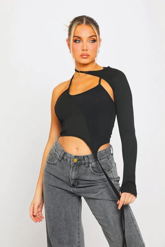Black Ribbed Asymmetric Detachable Sleeve Crop Top sold by Nothingbutstyle