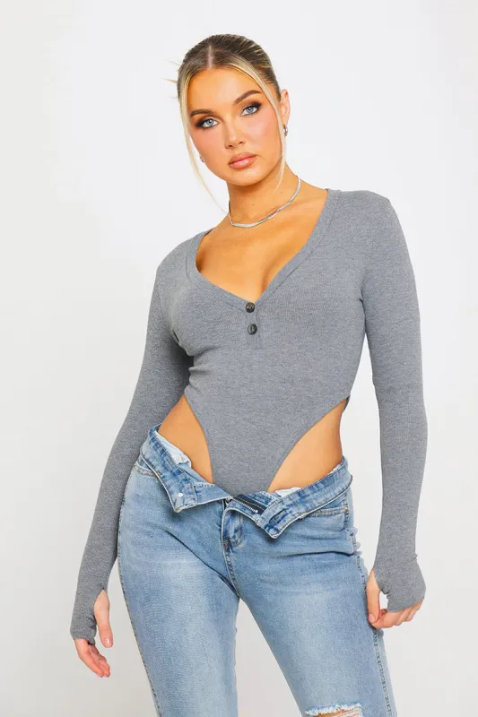 Dark Grey Ribbed Plunge High Leg Long Sleeve Bodysuit sold by Nothingbutstyle