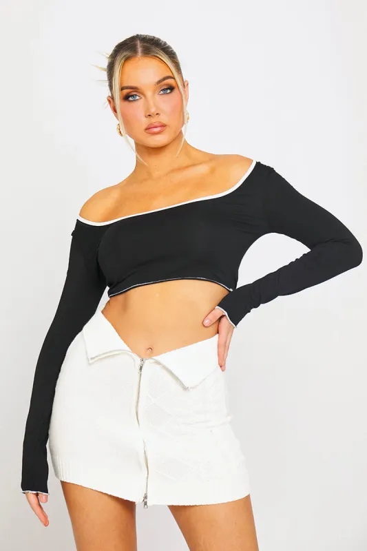 Black Ribbed Contrast Trim Long Sleeve Crop Top sold by Nothingbutstyle