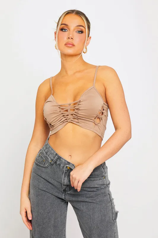 Mocha Multi Cut Out Braid Detail Strappy Crop Top sold by Nothingbutstyle