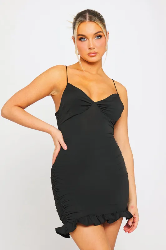 Black Ruched Asymmetric Spaghetti Bodycon Mini Dress sold by Nothingbutstyle
