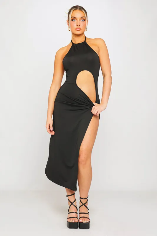 Black Halter Cut Out Thigh Split Detail Maxi Dress sold by Nothingbutstyle