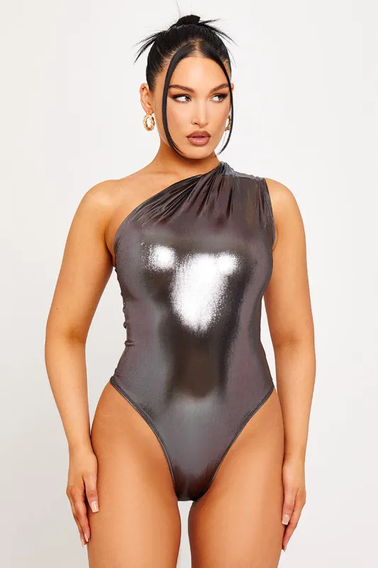 Grey Metallic One Shoulder Ruched Bodysuit sold by Nothingbutstyle
