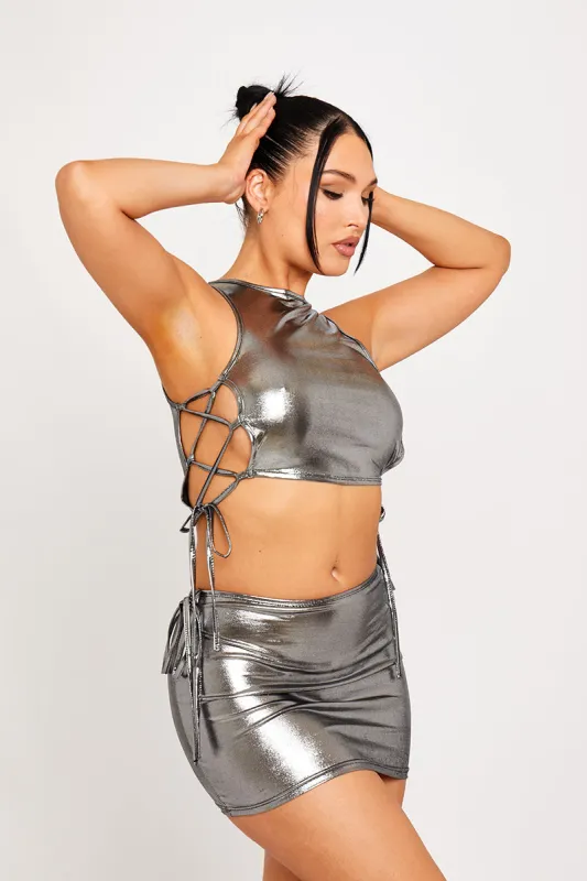 Silver Metallic Sleeveless Side Tie Detail Crop Top sold by Nothingbutstyle