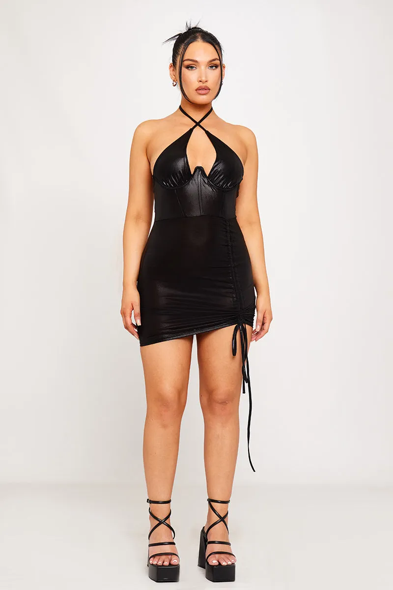 Black Metallic Halter Bustier Ruched Mini Dress sold by Nothingbutstyle product image thumbnail 3