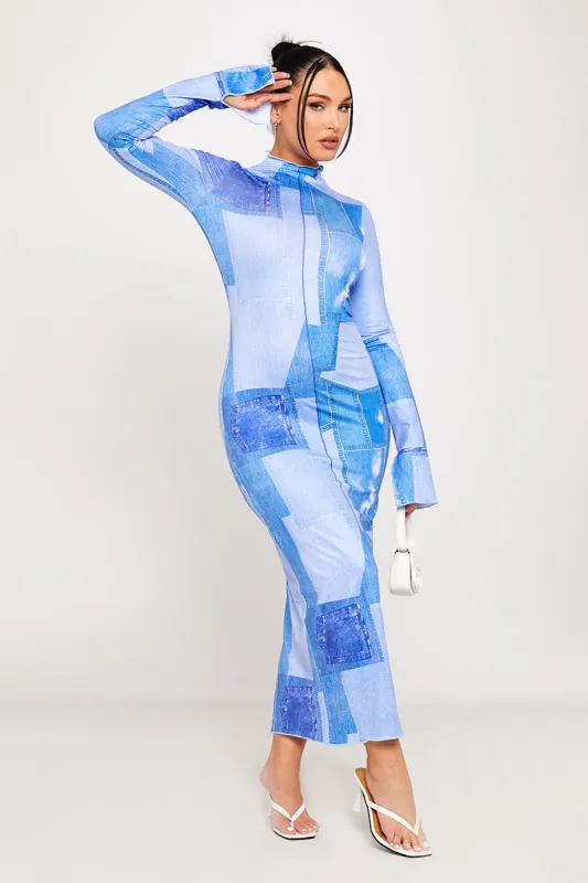 Blue Denim Print High Neck Bodycon Maxi Dress sold by Nothingbutstyle