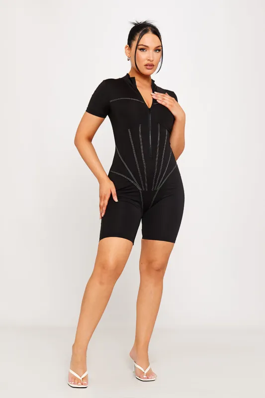Black High Neck Corset Zip Front Playsuit sold by Nothingbutstyle