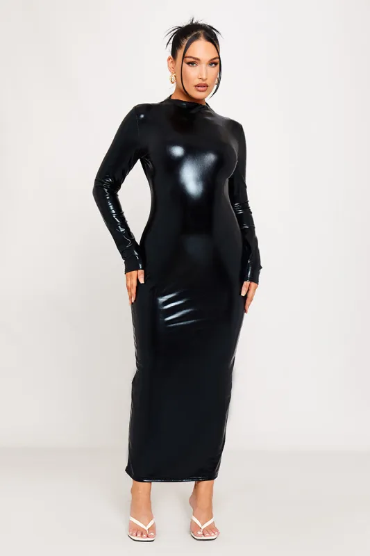 Black Faux Leather High Neck Ruched Midi Dress sold by Nothingbutstyle