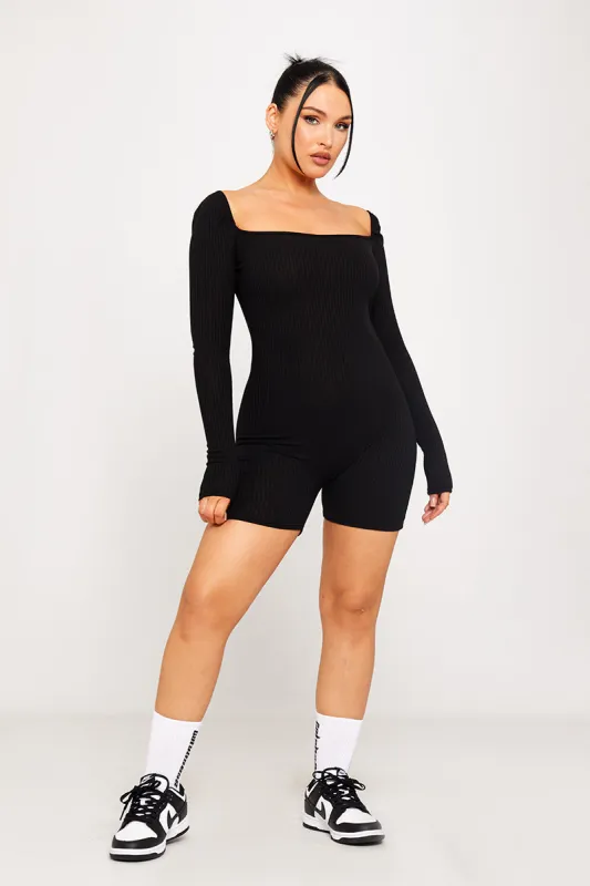 Black Ribbed Square Neck Long Sleeve Playsuit sold by Nothingbutstyle