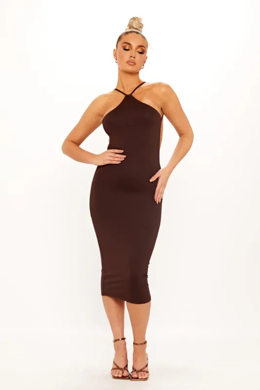 Brown Halter Ruched Backless Bodycon Midi Dress sold by Nothingbutstyle