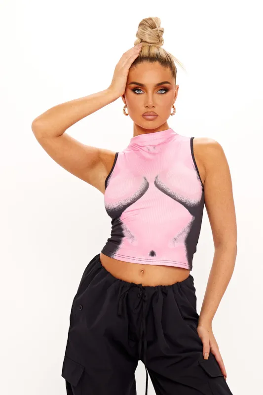 Pink High Neck Body Art Print Sleeveless Crop Top sold by Nothingbutstyle