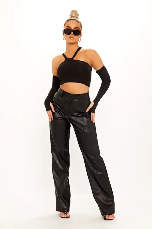 Black Asymmetric Cut Out Crop Top With Sleeves sold by Nothingbutstyle