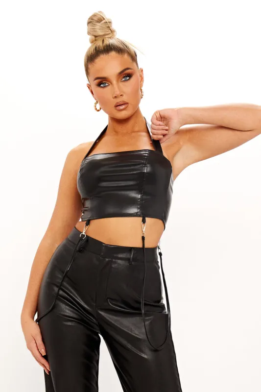 Black Faux Leather Halter Tassel Detail Crop Top sold by Nothingbutstyle