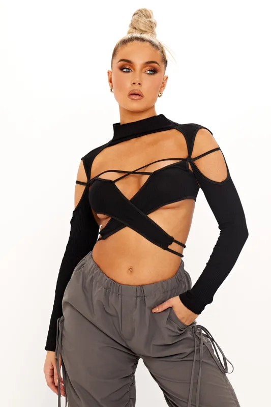 Black Ribbed High Neck Cut Out Crop Top sold by Nothingbutstyle