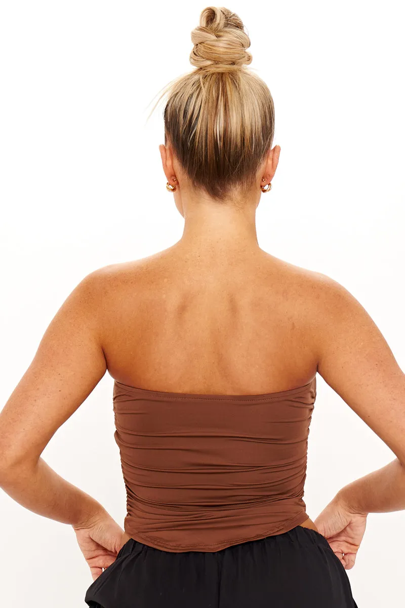Brown Ruched Bandeau Curved Hem Crop Top sold by Nothingbutstyle product image thumbnail 3