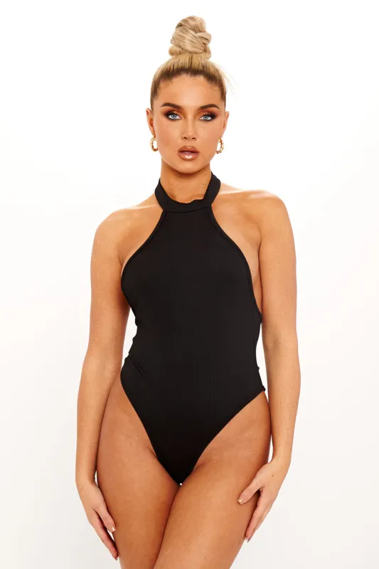 Black Ribbed High Neck Halter Racer Bodysuit sold by Nothingbutstyle