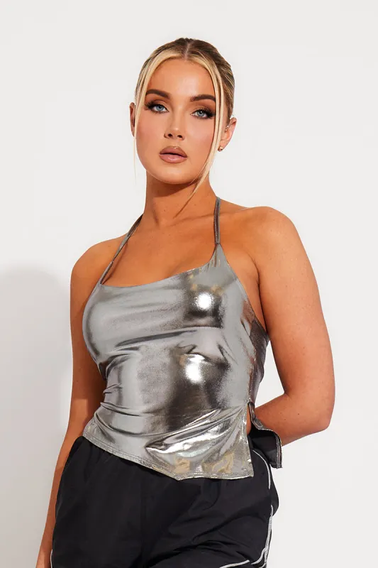 Silver Metallic Asymmetric Halterneck Crop Top sold by Nothingbutstyle