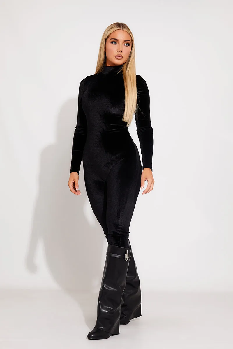 Black Velvet High Neck Long Sleeve Jumpsuit sold by Nothingbutstyle product image thumbnail 2