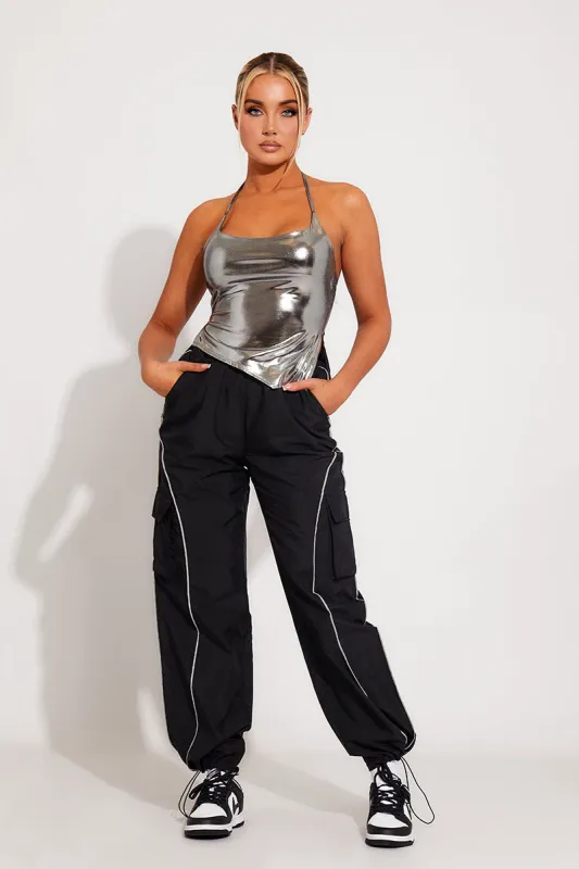 Black Contrast Seam Parachute Cargo Pants sold by Nothingbutstyle