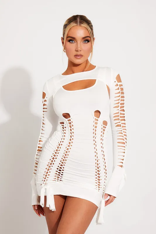 White Cut Out Braid Detail Long Sleeve Mini Dress sold by Nothingbutstyle