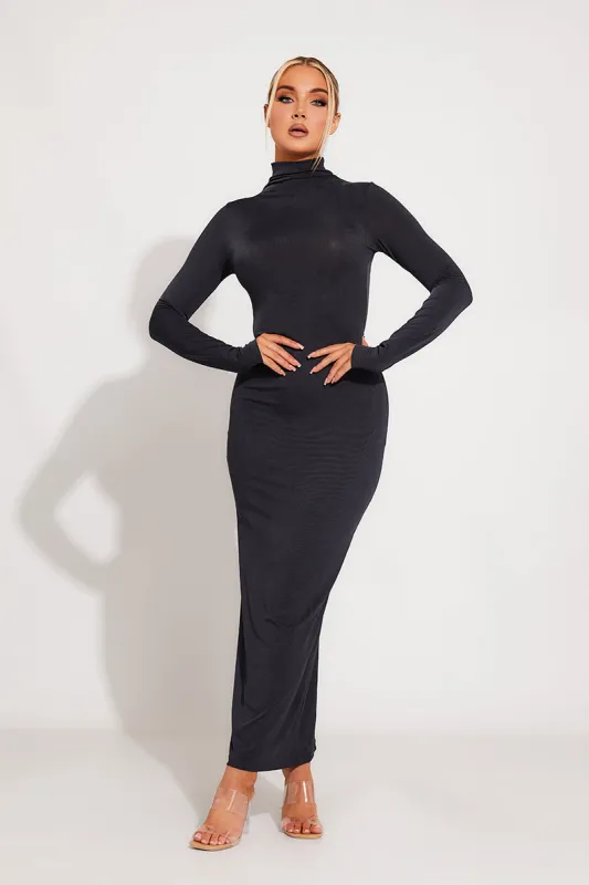 Dark Grey Ribbed High Neck Long Sleeve Midi Dress sold by Nothingbutstyle