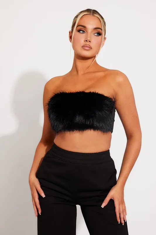 Black Fluffy Faux Feather Bandeau Crop Top sold by Nothingbutstyle