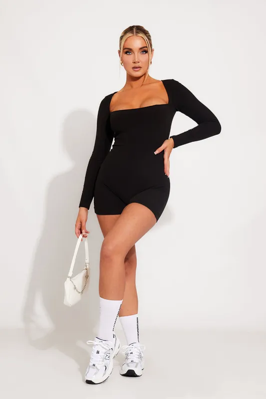 Black Seamless Square Neck Long Sleeve Playsuit sold by Nothingbutstyle