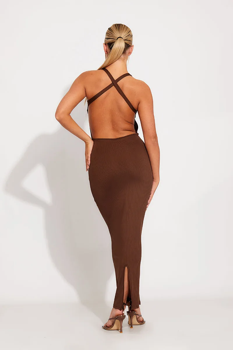 Brown Ribbed High Neck Cross Back Maxi Dress sold by Nothingbutstyle product image thumbnail 4