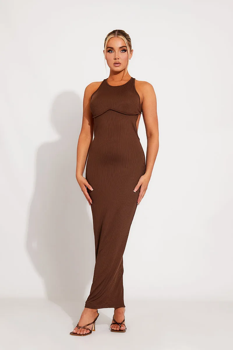 Brown Ribbed High Neck Cross Back Maxi Dress sold by Nothingbutstyle