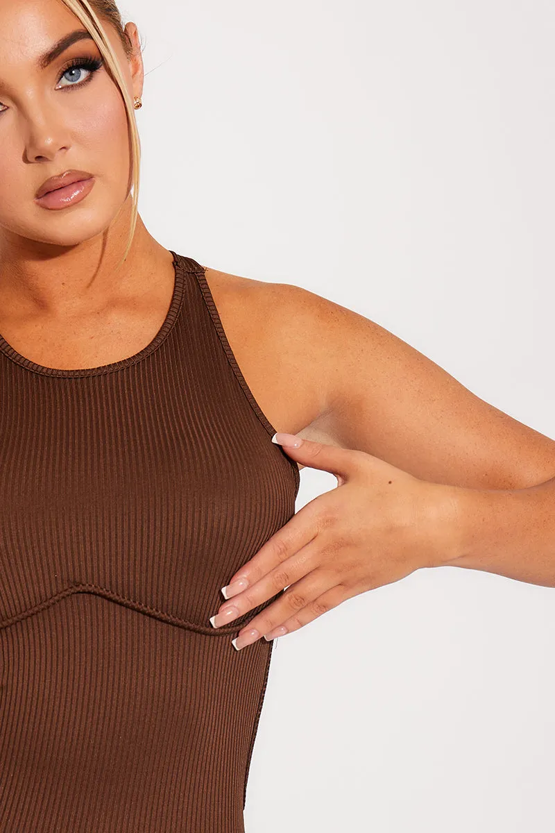 Brown Ribbed High Neck Cross Back Maxi Dress sold by Nothingbutstyle product image thumbnail 5