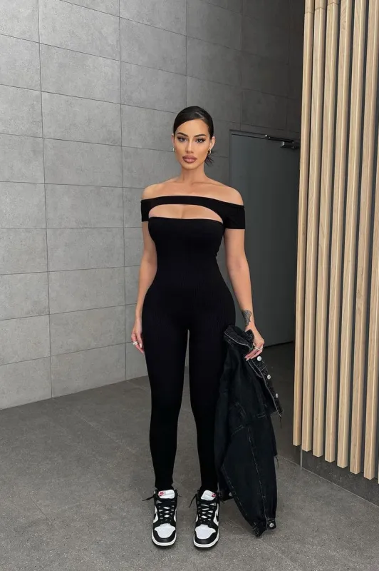 Black Off Shoulder Cut Out Detail Jumpsuit sold by Nothingbutstyle