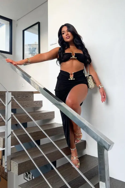 Black Hammered Trim Bandeau Top & Slit Maxi Skirt sold by Nothingbutstyle