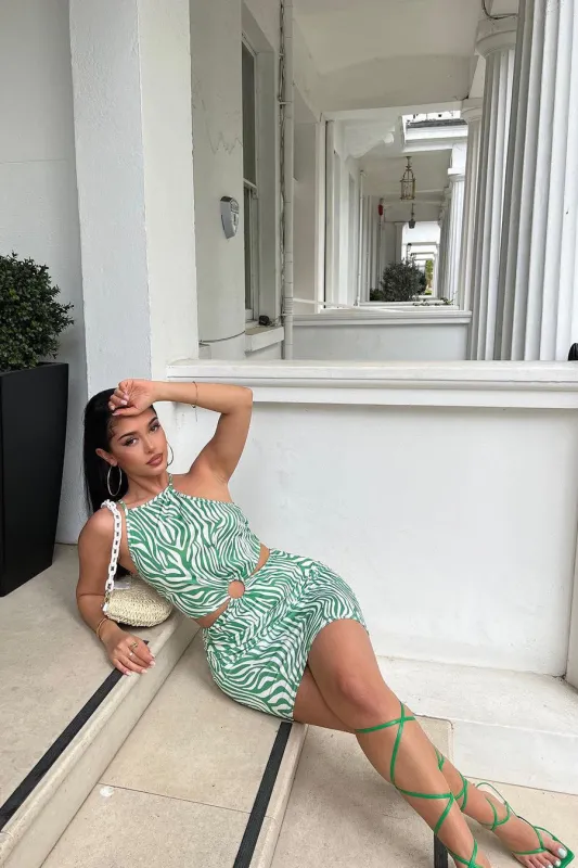 Green Zebra Print Cut Out Detail Mini Dress sold by Nothingbutstyle