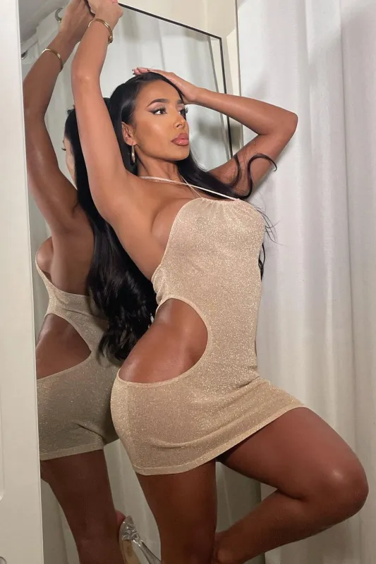 Nude Halterneck Glitter Cut Out Detail Mini Dress sold by Nothingbutstyle