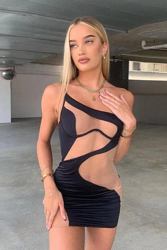 Black One Shoulder Mesh Cut Out Mini Dress sold by Nothingbutstyle