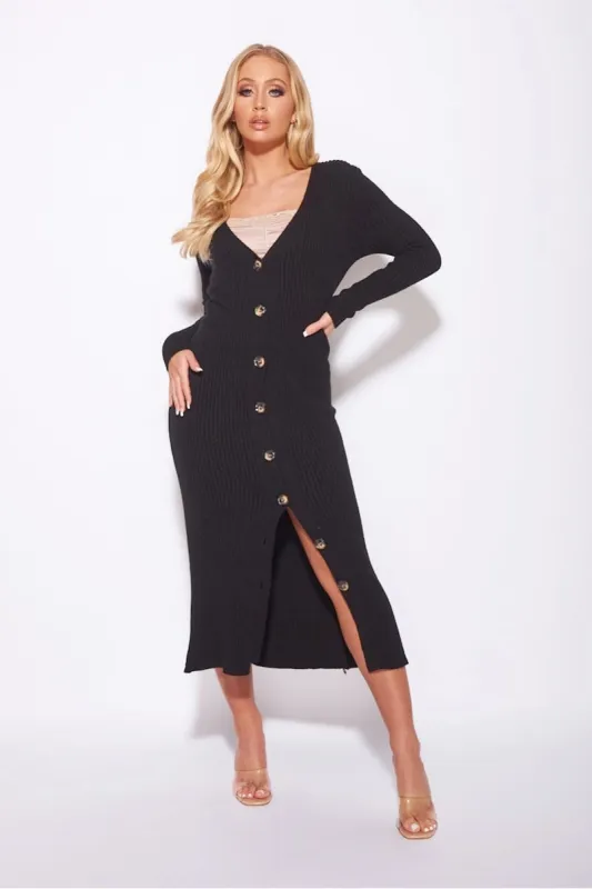 Black Ribbed Knit Button Down Detail Jumper Dress sold by Nothingbutstyle