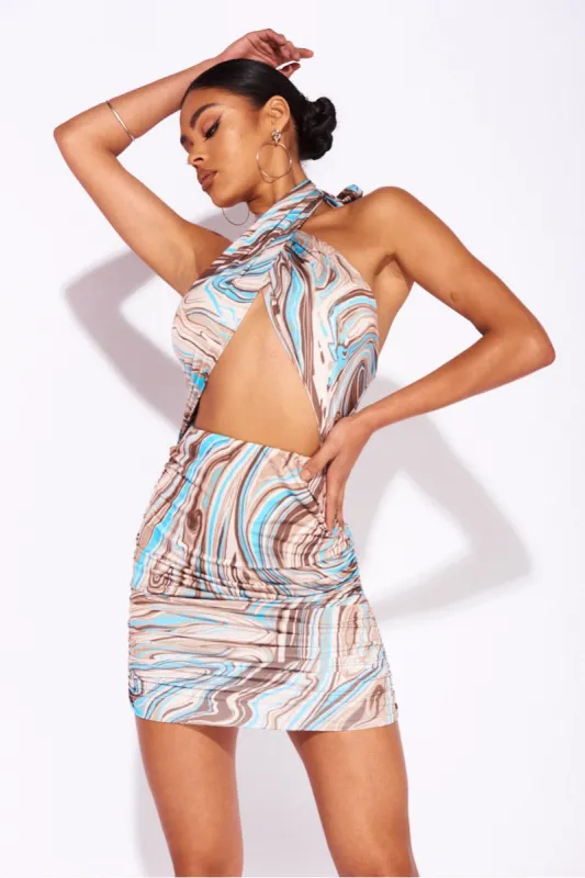 Blue Marble Print Halterneck Cross Over Mini Dress sold by Nothingbutstyle