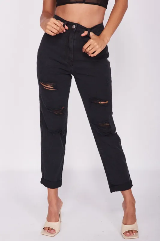 Washed Black Ripped Turn Up Boyfriend Jeans sold by Nothingbutstyle