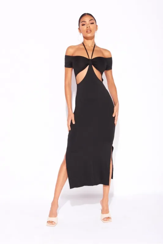 Black Slinky Cut Out Halterneck Split Detail Midi Dress sold by Nothingbutstyle