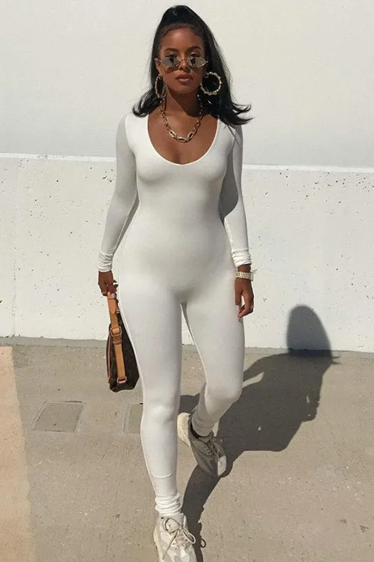 White Seamless Plunge Long Sleeve Jumpsuit sold by Nothingbutstyle