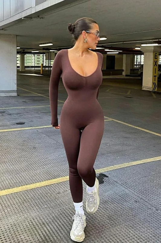 Chocolate Seamless Plunge Long Sleeve Jumpsuit sold by Nothingbutstyle