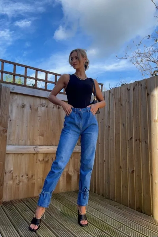 Mid Blue Wash Ankle Tie Denim Jeans sold by Nothingbutstyle