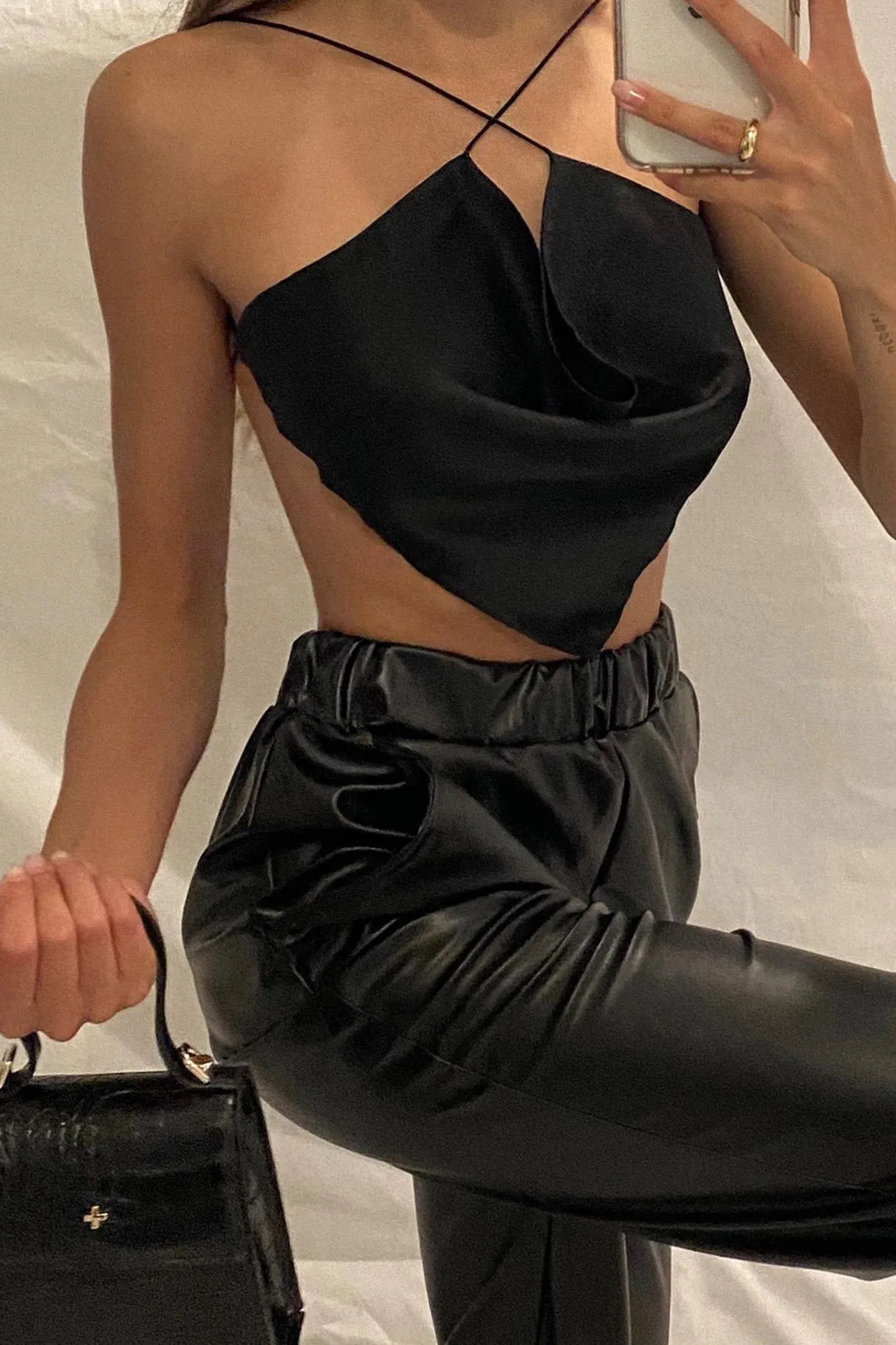 Black Satin Backless Cowl Neck Crop Top sold by Nothingbutstyle