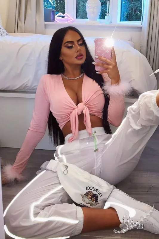 Pink Faux Fur Sleeve Tie Front Crop Top sold by Nothingbutstyle