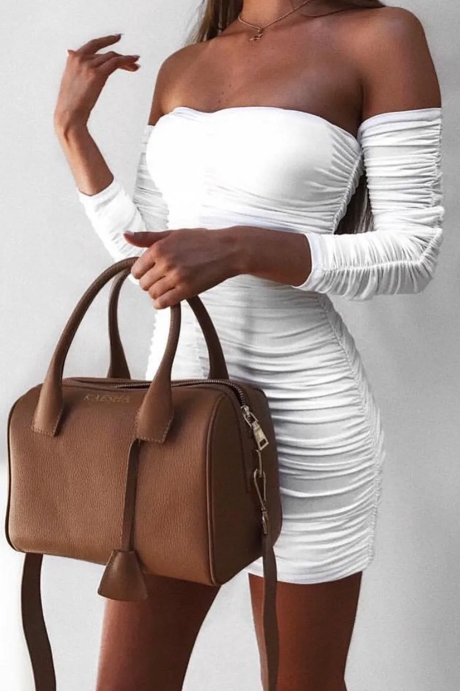 White Ruched Off Shoulder Long Sleeve Mini Dress sold by Nothingbutstyle product image thumbnail 3