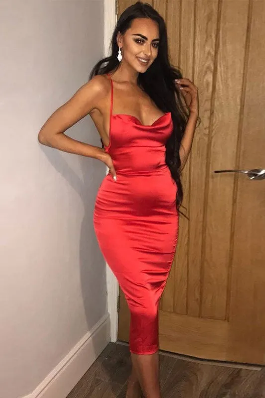Red Satin Cowl Neck Bodycon Midi Dress sold by Nothingbutstyle product image thumbnail 2