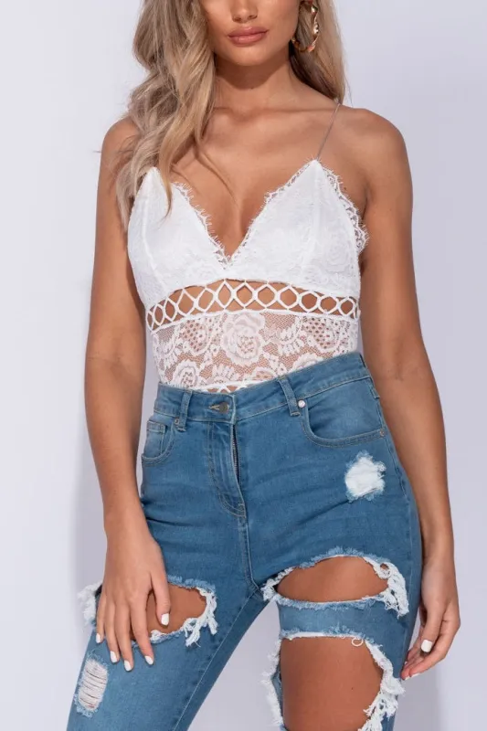 White Lace Trim Sheer Panel Plunge Bodysuit sold by Nothingbutstyle