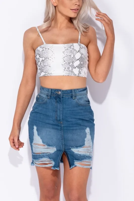 Mid Blue Distressed Denim Mini Skirt sold by Nothingbutstyle