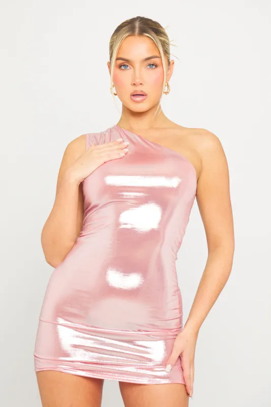 Pink Metallic One Shoulder Ruched Mini Dress sold by Nothingbutstyle