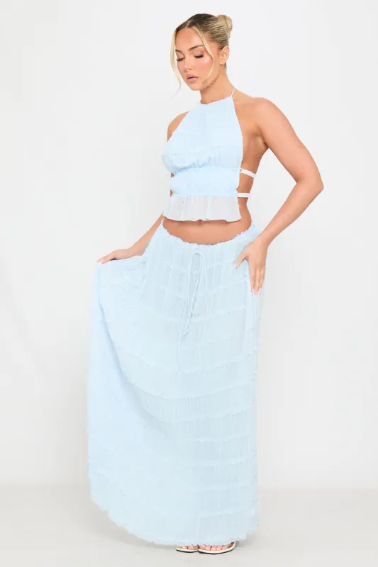 Light Blue Ruched Sheer Halter Top & Maxi Skirt Co-Ord sold by Nothingbutstyle